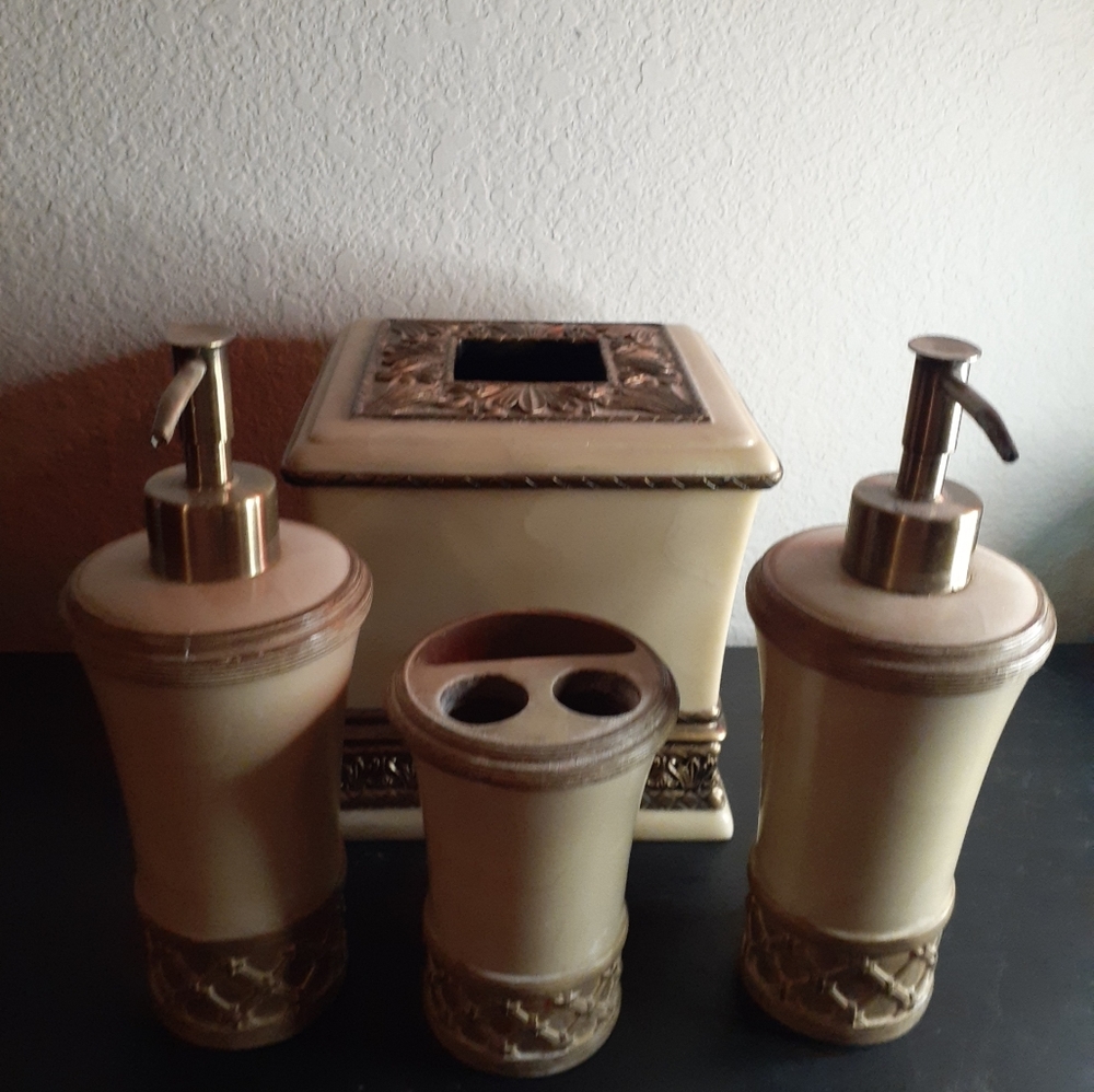 GORGEOUS Soapstone & Bronze Bathroom Vanity Set of 4.